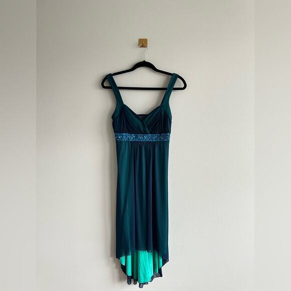 Y2K Teal Blue Hi-Lo Dress | Sheer Overlay Sequins | Size M Winter Formal - Picture 5 of 8